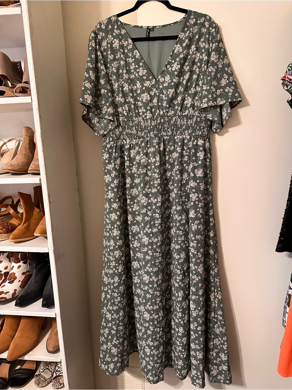 Floral V-Neck Sage Green Maxi Dress with Shirred Waist